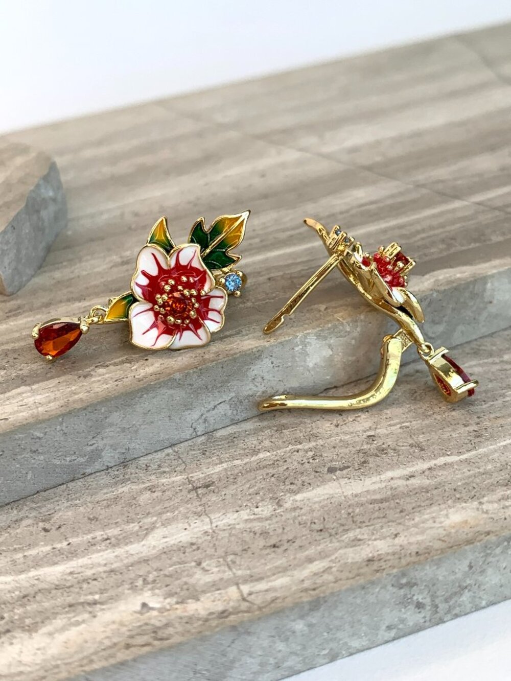 NEW ~ Anthropologie Enamel Flower Crystal Drop Lever Back Earrings - Picture 5 of 16